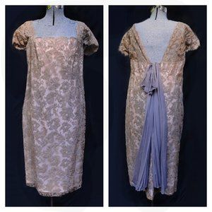 Vintage 50's 60's Taupe Lace Illusion Over Peach Taffeta Party Prom Dress S/M